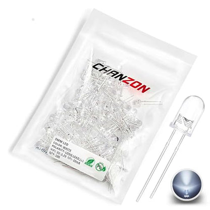 CHANZON 100 pcs 5mm White LED Diode Lights (Clear Round Transparent DC 3V 20mA) High Intensity Super Bright Lighting Bulb Lamps Electronic Components Light Emitting Diodes - color: B) White, size: 5mm Round Top