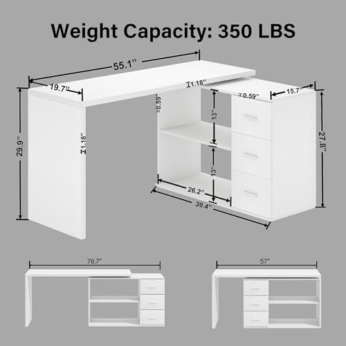 HSH 55-76 Inch White Morden L Shaped Desk,Corner Desk with Storage Drawers - color: White