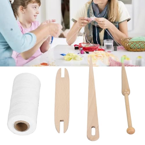 Cotton Warp Thread Kit, Premium 1mm Hand Weaving Supplies with Big Eye Needle and Wooden Rod for Tapestry Crafting, Knitting Projects, 250m Natural Cotton Yarn for Beginners