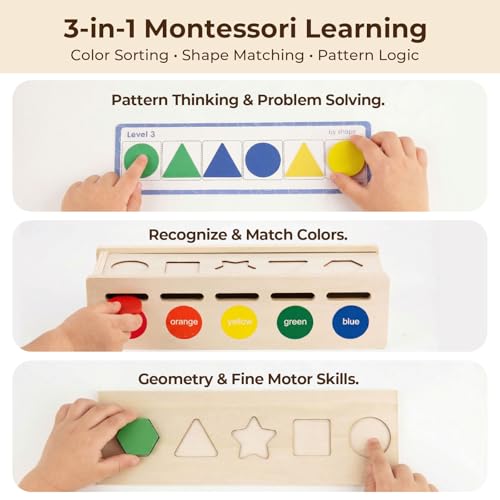LovesTown 3-in-1 Wooden Shape Color Sorter Box with Logic Cards