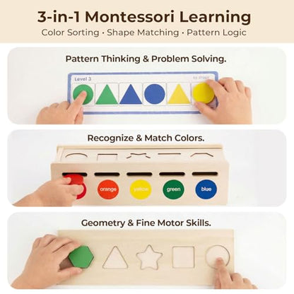 LovesTown 3-in-1 Wooden Shape Color Sorter Box with Logic Cards