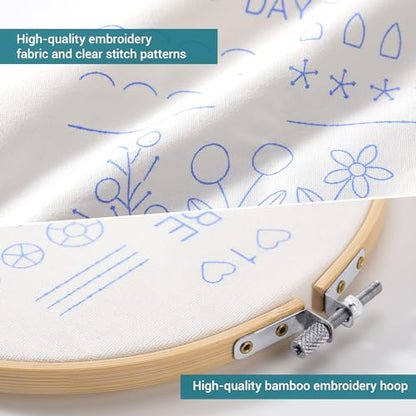VIVIDOX 4 Sets Embroidery Kit for Beginners Adults, 25 Stitches Practice Kits Cross Stitch for Starter, DIY Hand Craft with Stamped Pattern, Bamboo Hoop, Threads, Scissors, Tools, Instruction - color: 25 Stitches Practice Kit (with 1 Hoop)