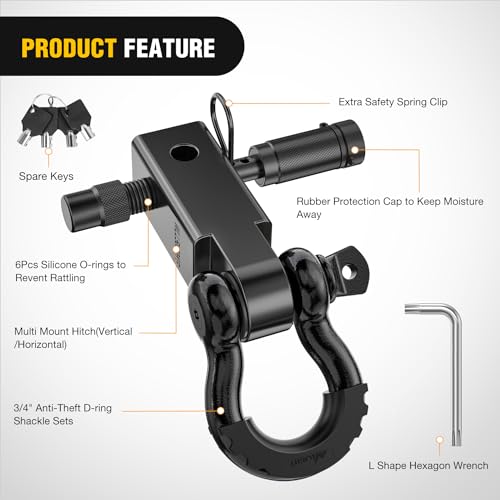 Nilight 3/4" Anti-Theft D Ring Shackle Hitch Receiver 2" Solid Towing Kit | 45000 LBs Breaking Strength 5/8" Trailer Hitch Lock Pin Heavy Duty Solid Towing Kit for Trucks Off Road Black - color: Hitch w/ Lock Pin Black