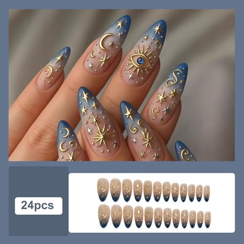 Long Press on Nails Almond, Acrylic Press on Nails with Flower Designs, Long Almond Nail Tips for Women 24pcs - color: Color35
