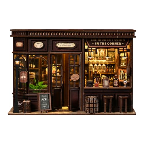 DIY Miniature House Kit, 3D Wooden Puzzle for Adults, Retro Corner Tavern Bar Model with LED Light & Furniture, Creative Roombox Building Set for Home Decor & Hobby Gift (Corner Tavern) - style: Corner Tavern