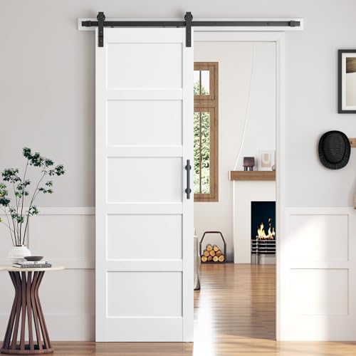 32x96 Inch White Sliding Barn Door Slab with 5.5ft Hardware Kit Included, 5-Panel, MDF Wood Panel Covered with Water-Proof Scratch-Proof PVC Surface, Simple DIY Assembly - color: White, size: 32"x96" Door with Hardware