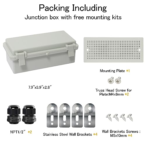 Junction Box IP65 Waterproof Electrical Box Outdoor ABS Plastic Project Box Hinged Shell Universal Enclosure Box with Mounting Plate, Wall Brackets, Cable Glands 7.1" x 3.1" x 2.5" - color: Grey, size: 7.1" x 3.1" x 2.5"