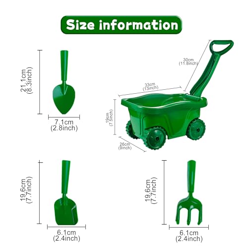 Kids Gardening Tools with Outdoor Yard Wheelbarrow Set Toys, Ages 3+ - color: Green-4pcs