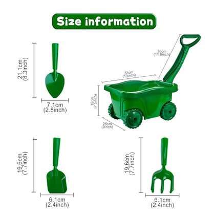 Kids Gardening Tools with Outdoor Yard Wheelbarrow Set Toys, Ages 3+ - color: Green-4pcs