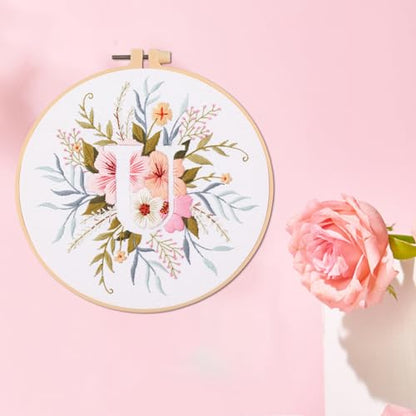 IUHUI Embroidery Kit for Beginners Adults - 26 Floral Letters Easy Patterns, DIY Hand Stitching Embroidery Set with Hoop (Flower and Grass Letter U) - color: Flower and Grass Letter U