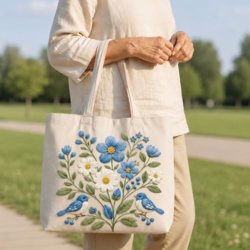 ARTopet Embroidery Tote Bag Kit for Beginners Flower Canvas Cross Stitch Handbag with Hoops Needles Threads Reusable Grocery Bag for Women-Bird - color: Bird