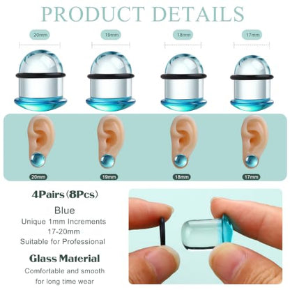GEMQUEEN 24 Pcs 0.5mm Increments Glass Ear Stretching Kit Hypoallergenic - color: Blue, size: 17mm-20mm | 8pcs