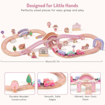 Wooden Train Set for Girls,46Pcs Train Track Railway for Toddlers
