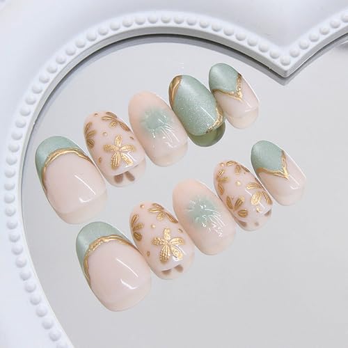 3D French Tip Press on Nails Medium Almond Green Glitter Fake Nails Flowers False Nails with Designs Full Cover Almond Shaped Acrylic Nails Press ons Summer Stick on Nail for Women 24Pcs - color: Style14
