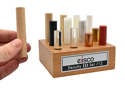 EISCO 12pc Cylindrical Bars Density ID Set - Hardwood, Softwood, Aluminum, Copper, Brass, Rubber, Nylon, Derlin, PVC, Glass, Acrylic & Teflon - Includes Storage Block - Study Density & Mass