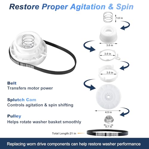 W10721967 Washer Pulley Clutch Kit with W10006384 Drive Belt, Splutch Cam Kit Replacement for Whirlpool Maytag Kenmore Amana Top Load Washers, Replaces AP5951296 W10006356 W10315818 PS10057144