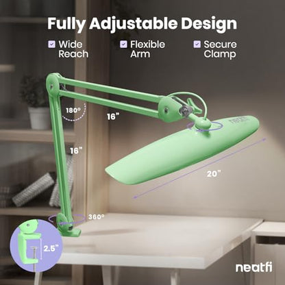 Neatfi XL 2200 Lumens 24W LED Desk Lamp – Shadow-Free Task Lighting | 4-Level Dimming | Home Office & Crafts Use | 20-Inch Wide Head (Midnight Green, Non-CCT with Clamp) - color: Midnight Green, size: Non-CCT with Clamp