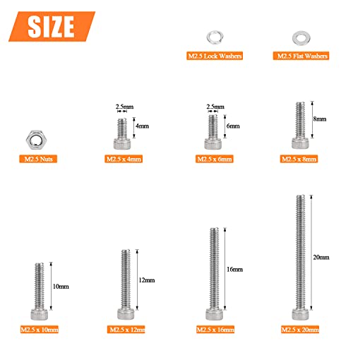 HELIFOUNER 560 Pieces M2.5 x 4mm /6mm /8mm /10mm /12mm /16mm /20mm, Hex Socket Head Cap Screws Bolts Washers Nuts Kit, 304 Stainless Steel - size: M2.5, style: Hex Socket Head Cap
