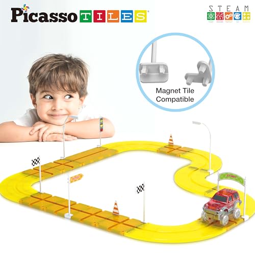 PicassoTiles Magnet Tile Compatible Building Race Track Kit Traffic Sign Accessory Stabilizers with Sticker Set STEM Educational Magnets Toddler Racecourse Structure Blocks Add On Ages 3+ PTR01 - color: 18 Pcs Traffic Sign