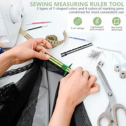 KISEER 2 Pieces Sewing Gauge Ruler 5-in-1 Sliding Sewing Measuring Ruler Fabric Quilting Tool with 4 Pcs Marker Pen for Knitting Crafting Sewing Beginner Supplies