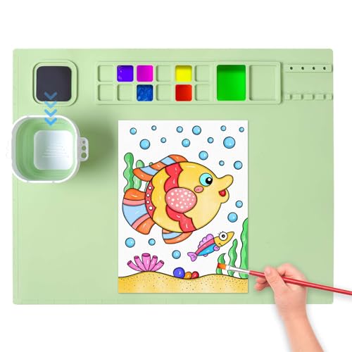 AWOKE Silicone Painting Mat for Table Protection - 20"X16" Washable Art Mat with 1 Water Cup for Kids - Craft Mat has 12 Color Dividers - 2 Paint Palettes (Green), Toddler Activities, Girl Boy Gifts - color: Green
