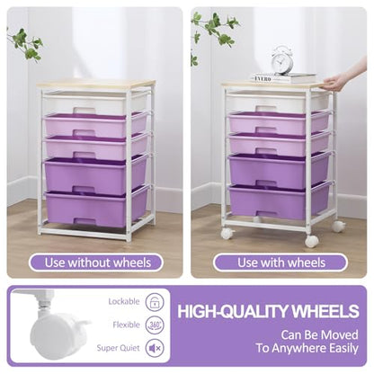 SYKIARIOL Utility Cart with 5 Drawers with Wooden Top,Purple - color: Purple