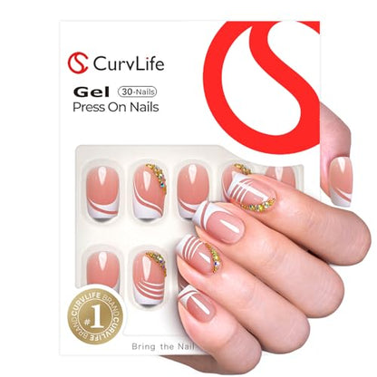 CurvLife Short Square French Tip Press On Nails, Crystal White, Soft Gel - color: French White Rhinestones