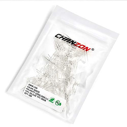 CHANZON 100 pcs 3mm White Diffused LED Diode Lights (DC 3V 20mA) - color: B) White-white (100pcs)