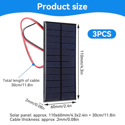 3pcs Mini Solar Panel DC 6V, Polysilicon Solar Cell Charger Module with 30cm Cable, 2.4x4.3inch