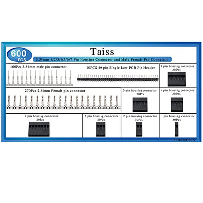 Taiss 600PCS Dupont Connector Kit - 2.54mm 1/2/3/4/5/6/7 Pin Housing Connector and Male/Female Crimp Pin, Jumper Wire Cable