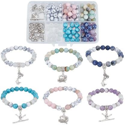 SUNNYCLUE 1 Box About 183Pcs 6 Sets Cheer Bracelet Making Kit Stone Bead Bracelet Kits 8mm Gemstone Crystal Silver Sports Cheerleading Charms Beads for Jewelry Making Set Women Starter Beginners