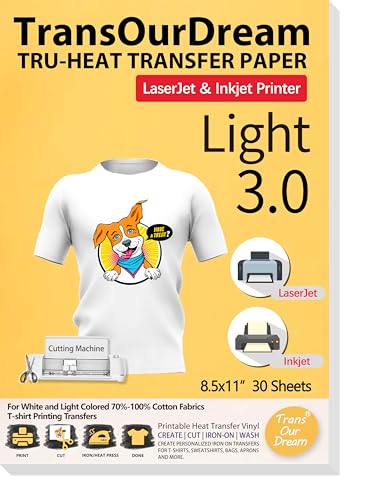 TransOurDream Tru-Heat Transfer Paper for Inkjet & Laserjet Printer (30 Sheets 8.5x11, 3.0) Printable HTV Heat Transfer Vinyl for T Shirts Iron on Transfers for Light Fabrics (L3-33) - color: Light, size: 30 Sheets