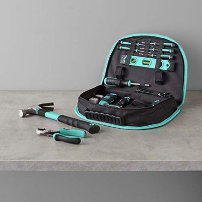 Amazon Basics 104-Piece Home Repair Household Tool Set with Easy Carrying Round Pouch, Portable Hand Tool Kit, Turquoise, 14.4 x 11.4 x 3 inches