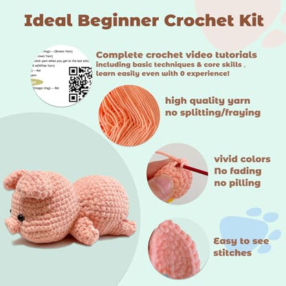 JueRum Pig Crochet Kit for Beginners Adult All-in-One Amigurumi Crochet Kit - color: Pink Pig