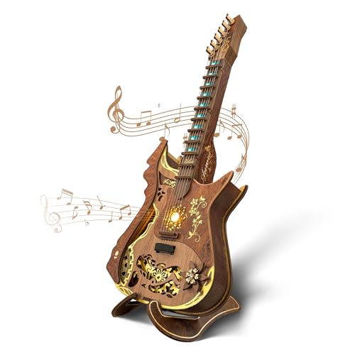 FUNPOLA LED 3D Wooden Puzzle Chords Guitar Kit, Acoustic Guitar Puzzle Model with LED Lights, DIY Mechanical Music Craft for Adults