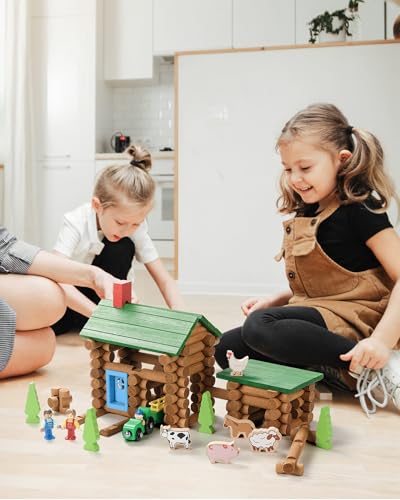 SainSmart Jr. Wooden Logs Set with Container - Classic Building Logs Ages 3+ - Best Retro Building Gift Set for Boys - Creative Construction Engineering Educational Gifts - style: Bonus Storage Box - 122 Pcs
