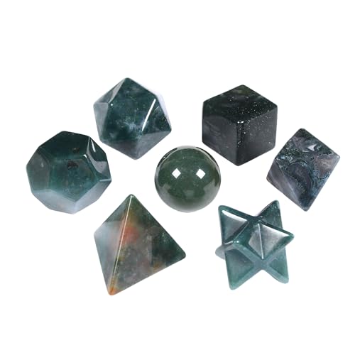 Justinstones 7-Piece Moss Agate Natural Crystal Geometry Collection Healing Crystals Kit Sacred Geometry Platonic Solids Geometric Set Tumbled Stones Specimen Collection - style: Moss Agate