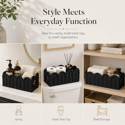 Black Scalloped Basket, Toilet Tank Tray, Back of Toilet - color: Black