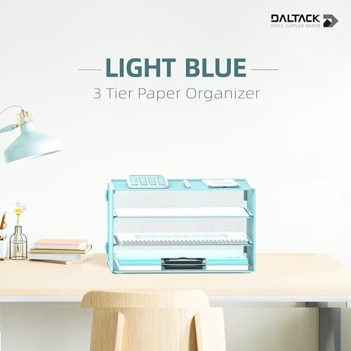 DALTACK 3 Tier Letter Tray Paper Organizer with Sliding Mesh Trays Blue - color: Blue