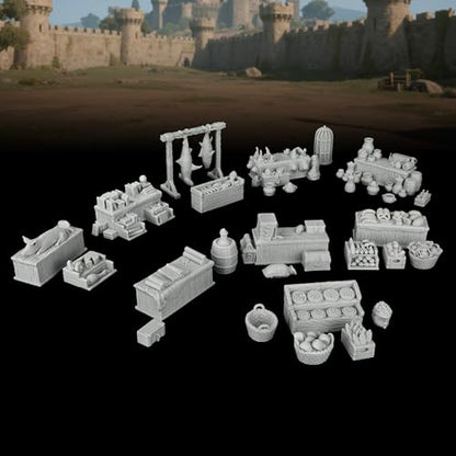 AUSPDICE Fantasy Bazaar Scatter Terrain, 25mm Unpainted Market Goods Set - color: Af1104 Q Market Stall
