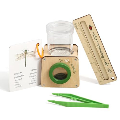 Wooden Bug Catcher for Kids, Tri-View Bug Viewer Kit, Top & Bottom Magnifiers, Insect Observation Container with Tweezers, Ruler & 10 Insect Cards, STEM Outdoor Explorer Toy