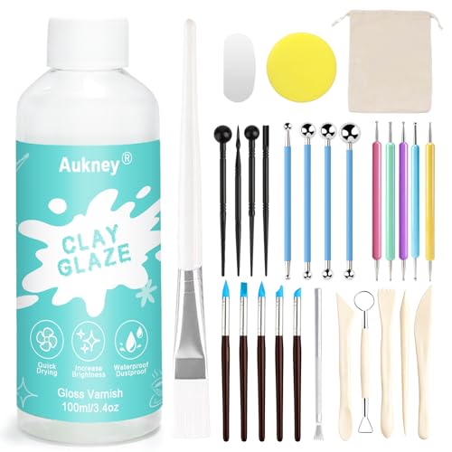 Aukney 100ML Air Dry Clay Glaze and 29pcs Tool Kit, High Gloss Air Dry Clay Glaze, Sealant, Prevent Clay from Cracking, and Scratch Resistant - Pottery Tools for Stippling, Shaping Clay Crafts