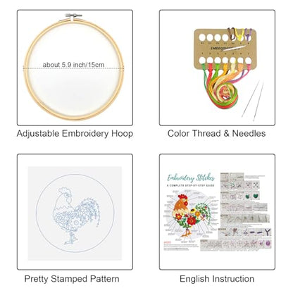 Louise Maelys Embroidery Kit for Beginners with Funny Rooster and Flower - color: Rooster