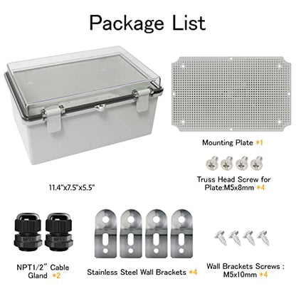 Junction Box IP65 Waterproof ABS Plastic Enclosure Hinged PC Clear Cover Electrical Project Box with Mounting Plate, Wall Brackets, Cable Glands 11.4" x 7.5" x 5.5"(290 * 190 * 140) - color: Clear Cover, size: 11.4" x 7.5" x 5.5"