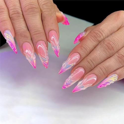 Almond Press on Nails Long Fake Nails Pink French Tip False Nails Purple Ombre Stick on Nail Water drops Swirl Glue on Nails Cute Sparkly Artificial Nail for Women 24Pcs - color: Style02