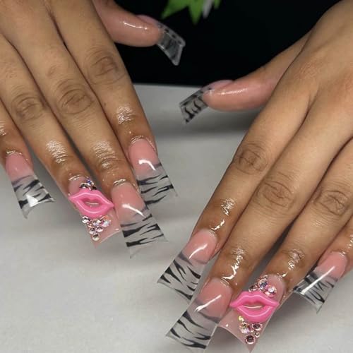 Long Duck Shape Press on Nails Pink Nude Glossy Fake Nails with 3D Lip Charm Rhinestones Designs Nails Press Ons Reusable Stick On Nails for Women 24Pcs - color: Style 23