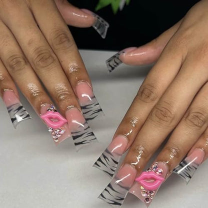 Long Duck Shape Press on Nails Pink Nude Glossy Fake Nails with 3D Lip Charm Rhinestones Designs Nails Press Ons Reusable Stick On Nails for Women 24Pcs - color: Style 23
