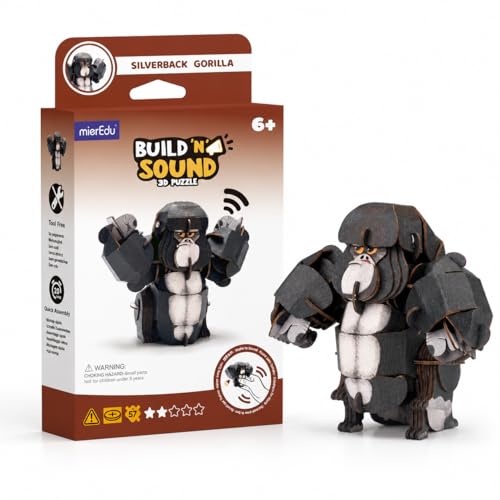 MierEdu Build 'N' Sound 3D Puzzle for Kids, Animal Puzzle with Sound Module, Educational STEM Craft Kit, FSC Paper Model Building Toy Gift for Ages 6+ - color: Silverback Gorilla