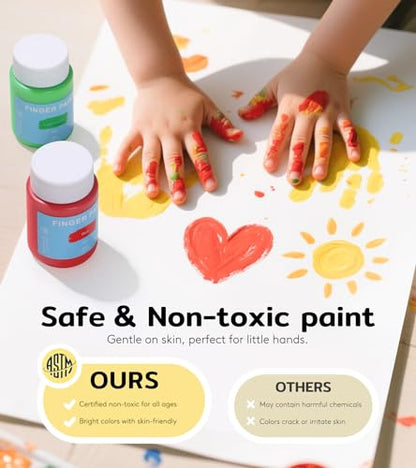 TMOL Washable Paint for Kids, 10 Colors (2 fl oz) 40 Pcs Non-Toxic Finger Paint Kit with Brushes, Sponge, Smock, Toddler Art Supplies for Painting, Craft & School Projects