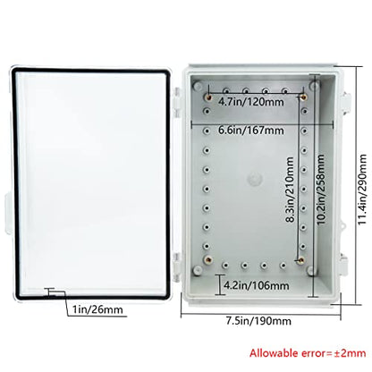 Zulkit Junction Box ABS Plastic Dustproof Waterproof IP67 Electrical Boxes Hinged Shell Outdoor Universal Project Enclosure Grey Clear Cover, Stainless Steel Buckles 11.4 x7.5 x 5.5 Inch - size: 11.4"x7.5"x5.5" TC k